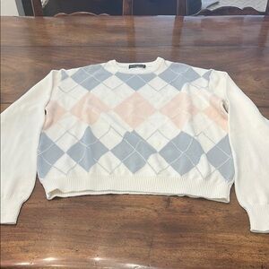 Brandy Melville Cream and Blue Crew Neck Sweater
